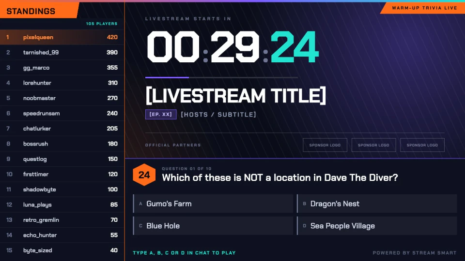 Countdown Trivia overlay showing a live question